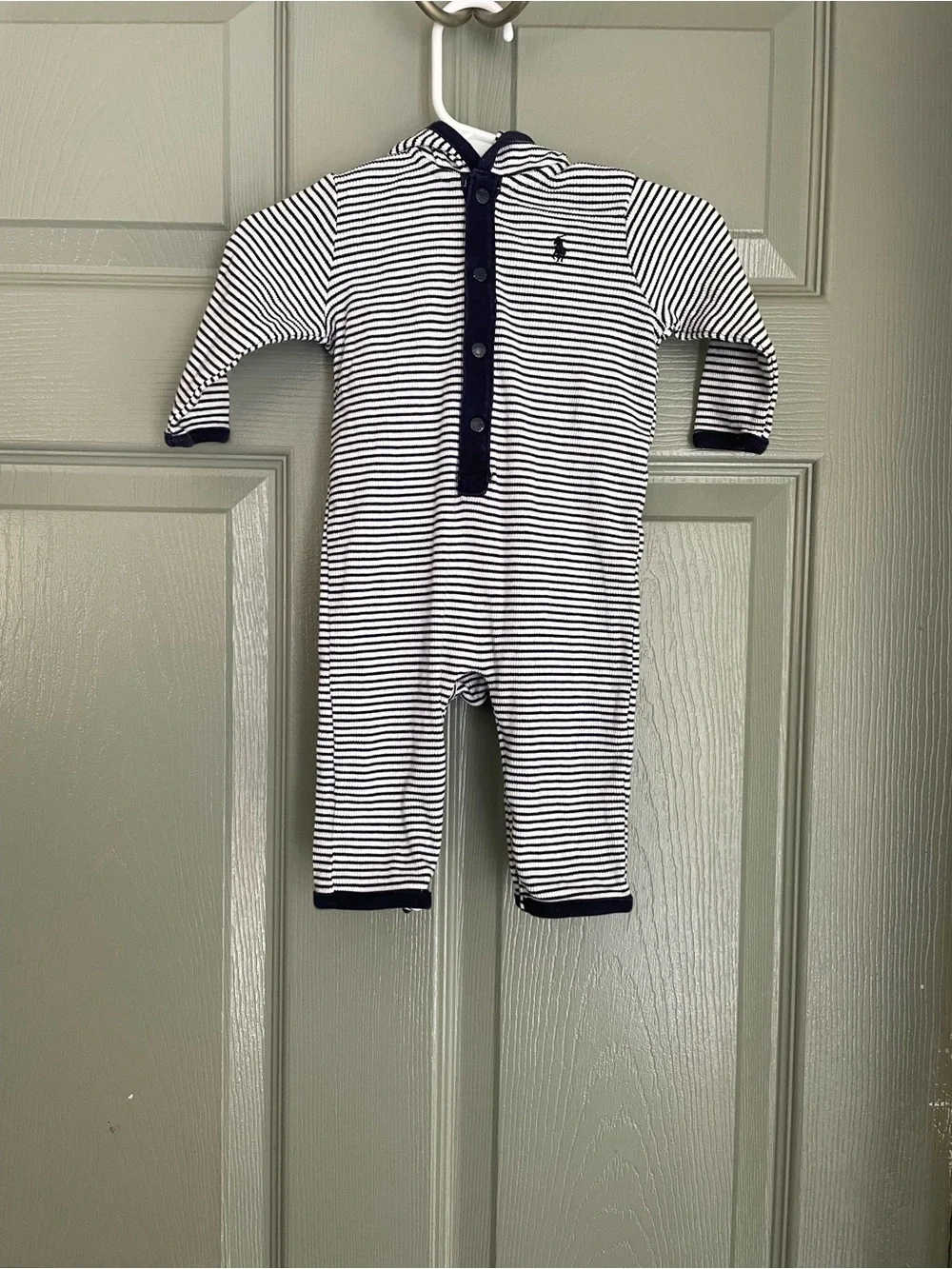 Ralph Lauren Navy and White Striped Hooded One-Piece Size 6m Romper